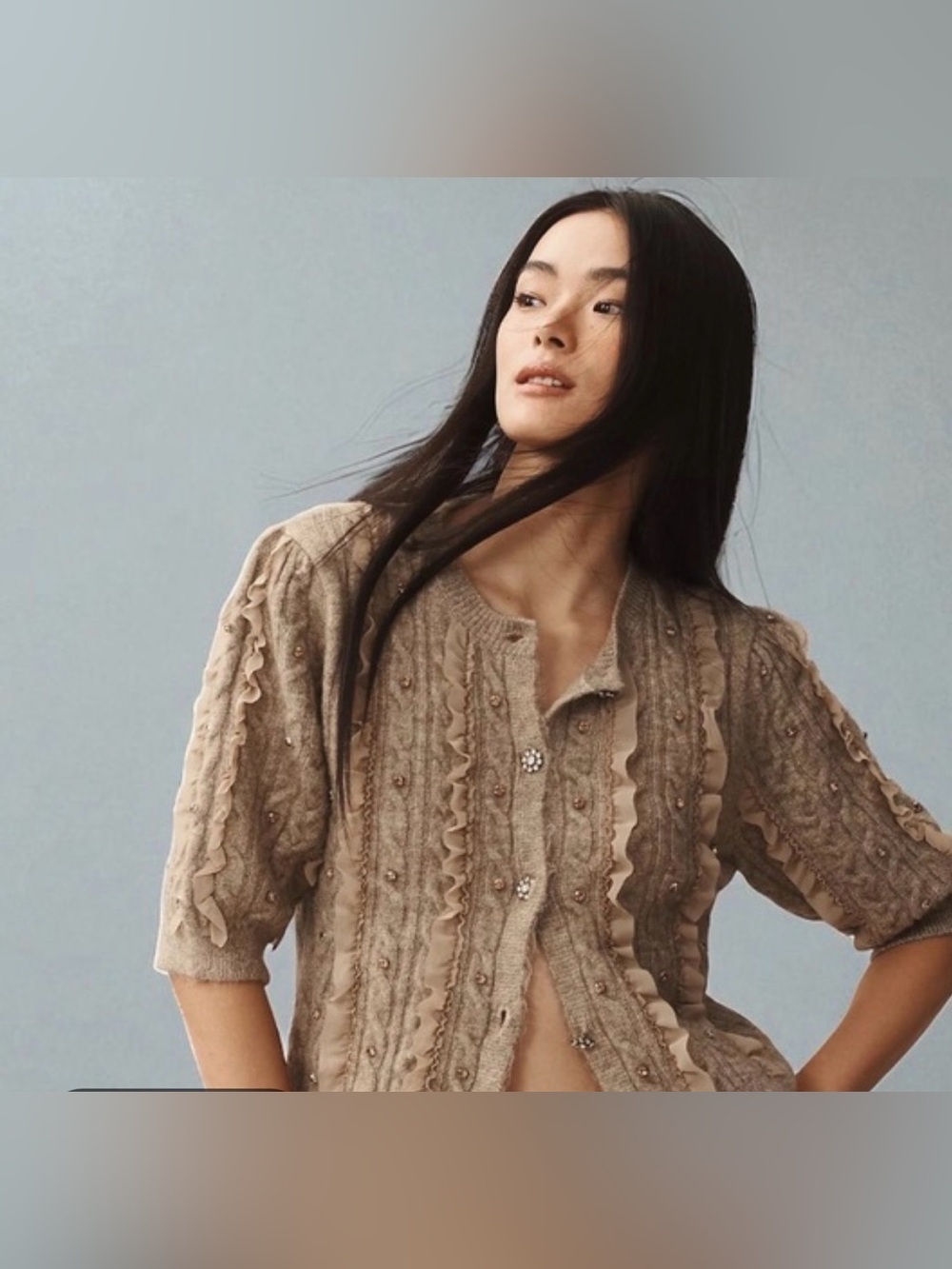 Maeve Anthropologie Short-Sleeve Embellished Ruffle Cardigan Sweater Size Small